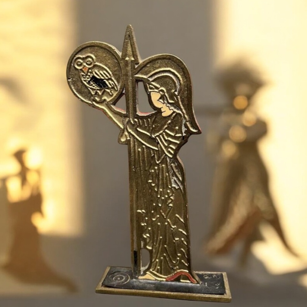 Greek Athena Brass Enameled Statuette with‎ Owl – Vintage Greek Goddess Decor